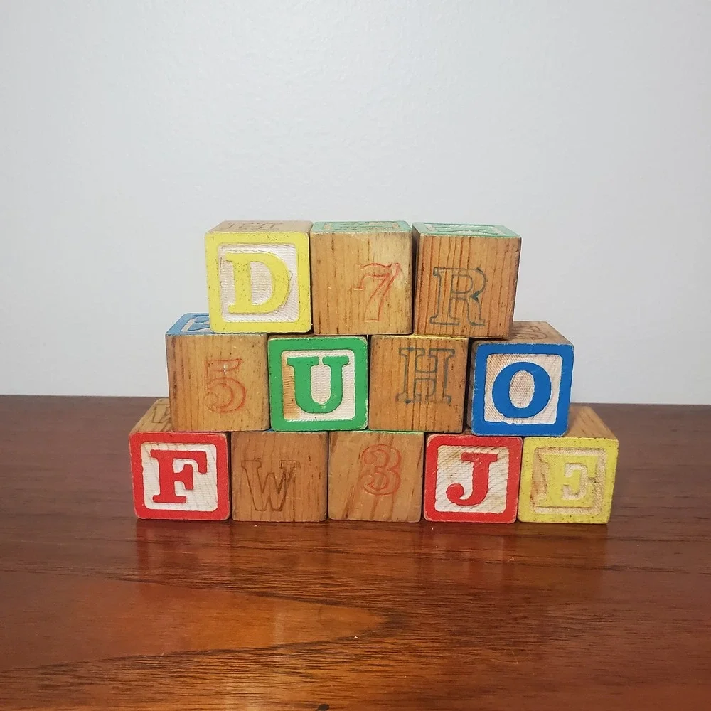 VTG 1976 Milton Bradley Playskool Letter Wood Blocks Kids Learning Toy - 12 blks